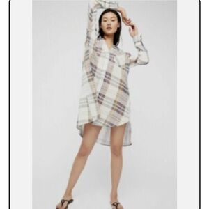 Free People 100% Cotton Plaid Button-Up Shirt Dress with Pockets size M